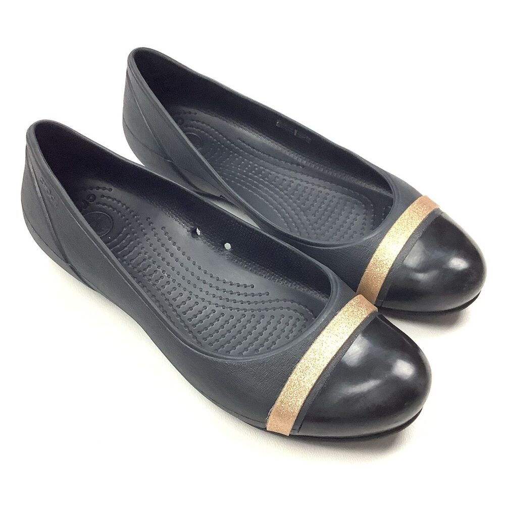 Crocs Black Gold Shimmer Ballet Flat Shoes Women Size 8 Office Siren Casual Chic